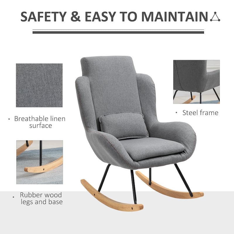 HOMCOM Modern Comfortable Relax Rocking Sofa Armchair Lounge Chair with Thick Padding Metal Frame Pillow Light Grey