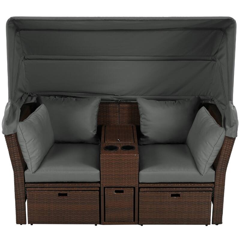 Convertible Outdoor Patio Daybed Loveseat Sofa Set with Retractable Canopy and Central Console