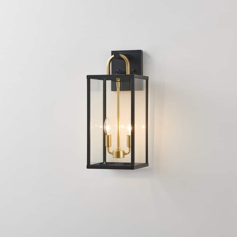KAWOTI 2-Light Black & Gold Outdoor Lantern Wall Light - W8.25" x H20" x D9.5"