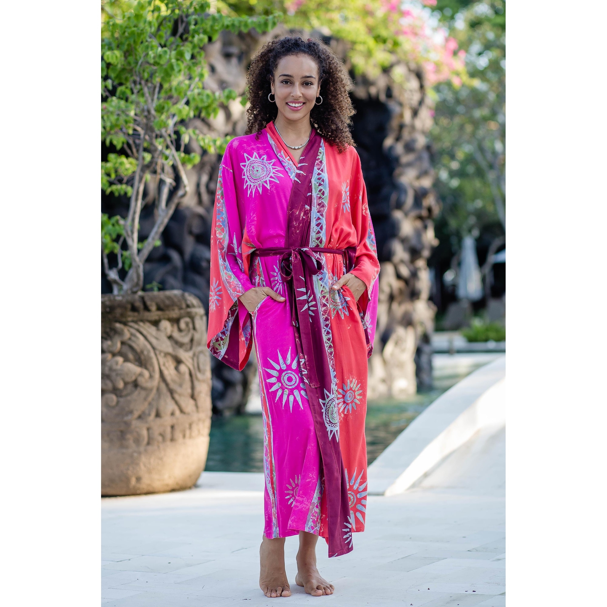 Novica Handmade Bright Firework Hand-Stamped Batik Rayon Robe