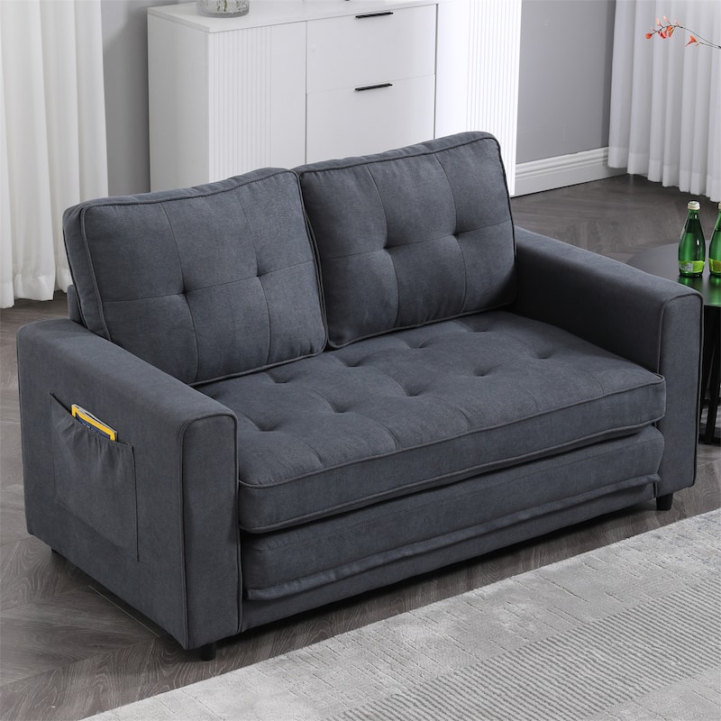Upholstered Tufted Convertible Loveseat with Side Pockets