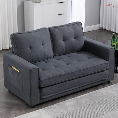 Upholstered Tufted Convertible Loveseat with Side Pockets