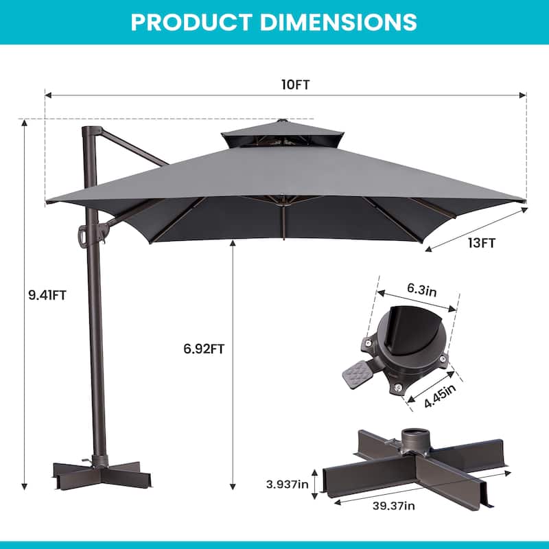 Pellebant 10X13FT Outdoor Patio Offset Umbrella 360 degrees Rotation with No Base