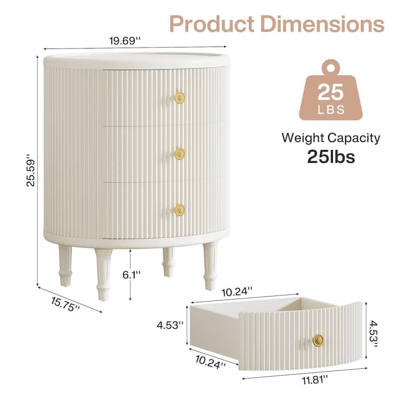 Side Table with 3 Drawers, No Assembly Required Oval End Table with Storage, White