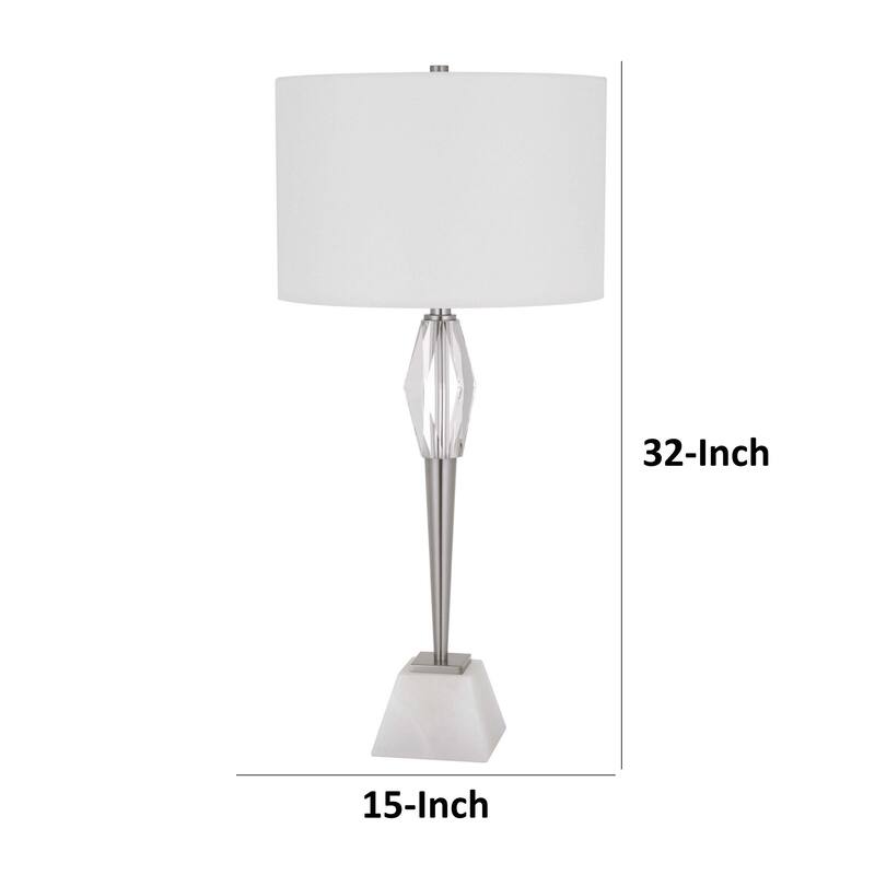 32 Inch Table Lamp with White Drum Shade, Marble Base, Brushed Steel