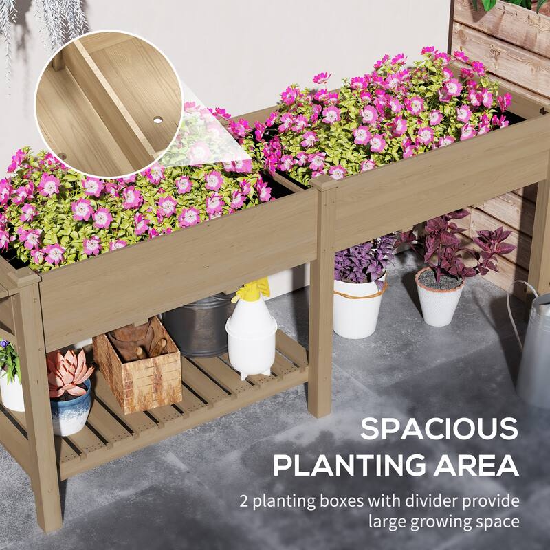 Fir Wood Raised Garden Bed with Bottom Shelf and Moisture-Retaining Liners Foldable Side Table - 81.5" W x 23.2" D x 30.7" H