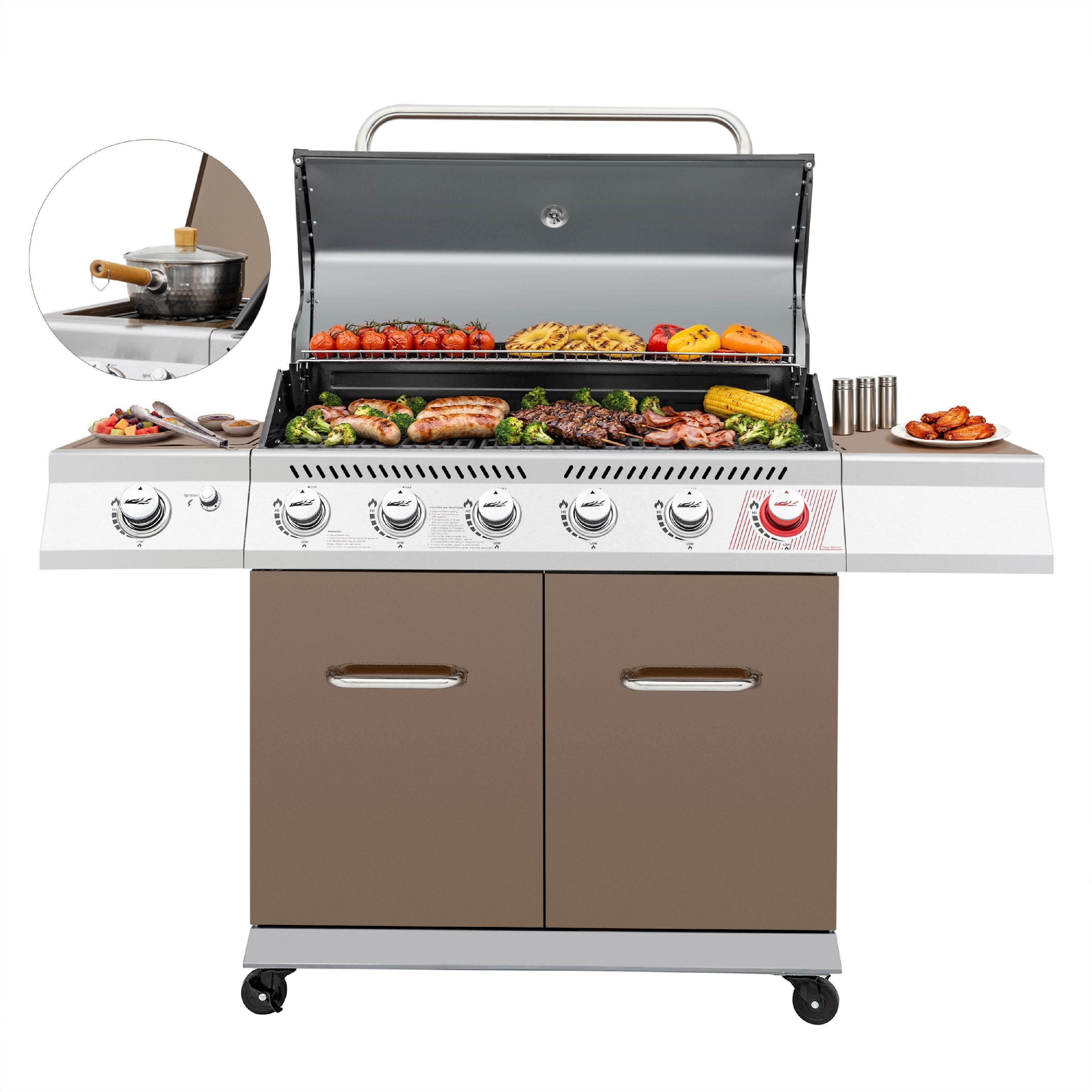 Royal Gourmet 6-Burner Cabinet Style Gas Grill with Sear and Side Burner for Outdoor Grilling, 74,000 BTU, coffee