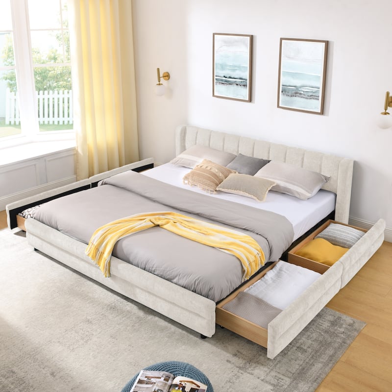 King Upholstered Bed Frame with Storage Drawer, Thick Padded Headboard & Solid Frame in Chenille Fabric - White