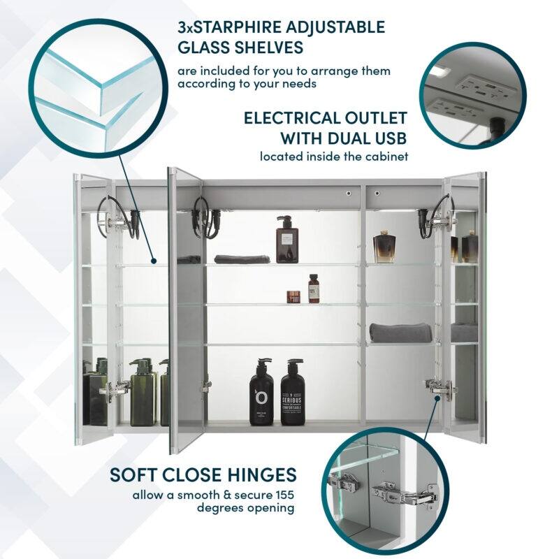 AQUADOM Signature Royale 36W LED Medicine Cabinet Defogger, 3X LED Vertically Adjustable Magnifying Mirror, Electrical Outlets