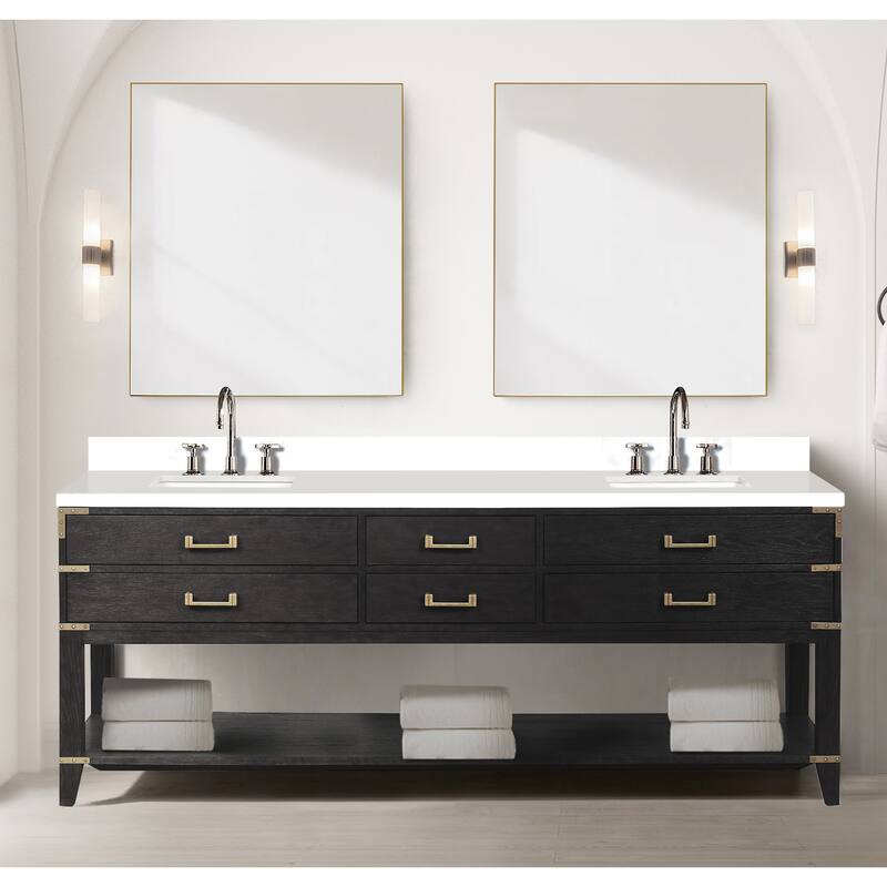 Norwalk 60 in W x 22 in D Black Oak Double Bath Vanity, White Quartz Top, and 28 in Mirrors
