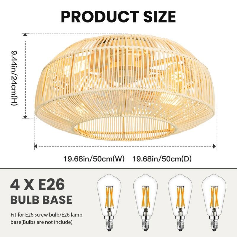 20 in. Indoor 4-Lights Gold Rattan Ceiling Fan with Light and Remote, Flush Mount Ceiling Fan, No Bulbs Included