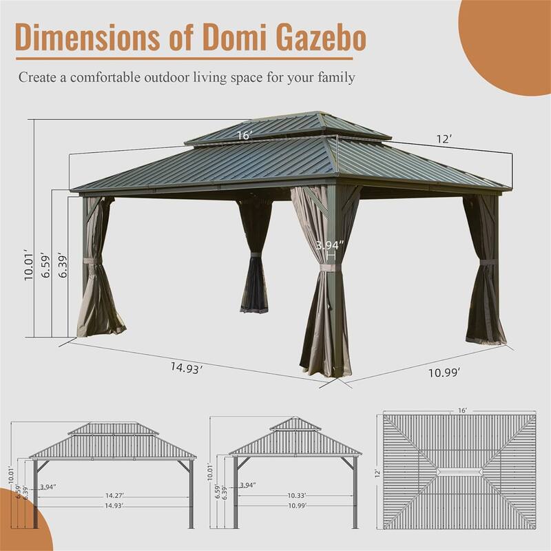 GDFStudio - Harper Outdoor Lane Elegant 12x16 Hardtop Gazebo with Double Roof, Curtains & Netting