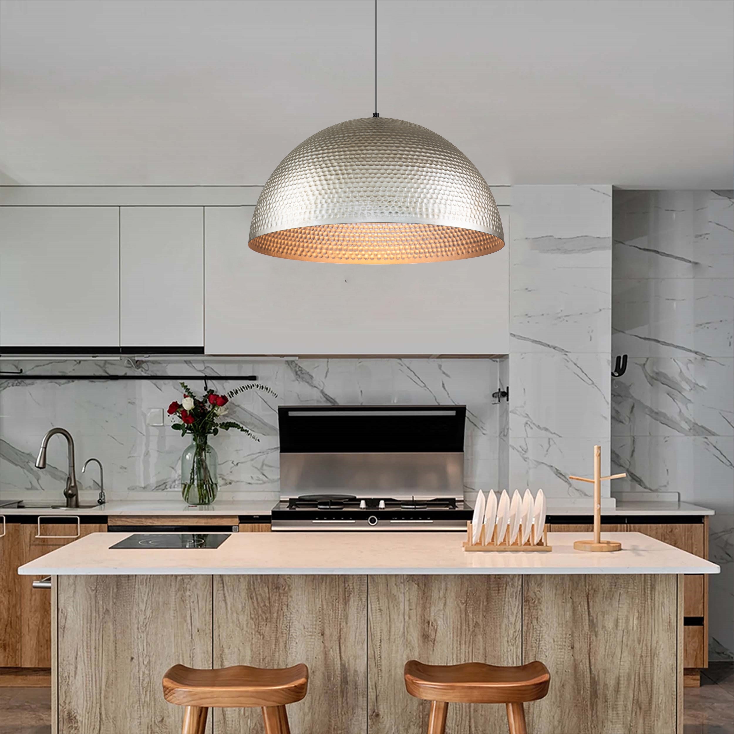 1 Light 24 Inches Farmhouse Industrial Large Metal Hammered Antique Silver Oversized Dome Pendant Light 24 D