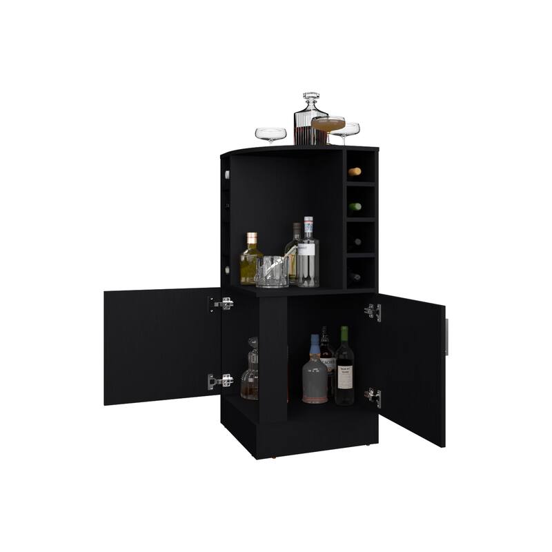 FM FURNITURE Toyei Corner Bar Cabinet with Bottle Rack, Open Shelves, and Hidden Storage, Black