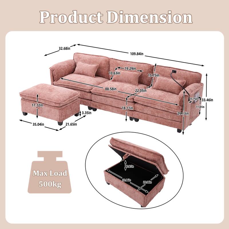 GALDWIN Chenille Upholstered L-shaped Modular Sectional Sleeper Sofa with Movable Storage Ottoman,USB&Type-C