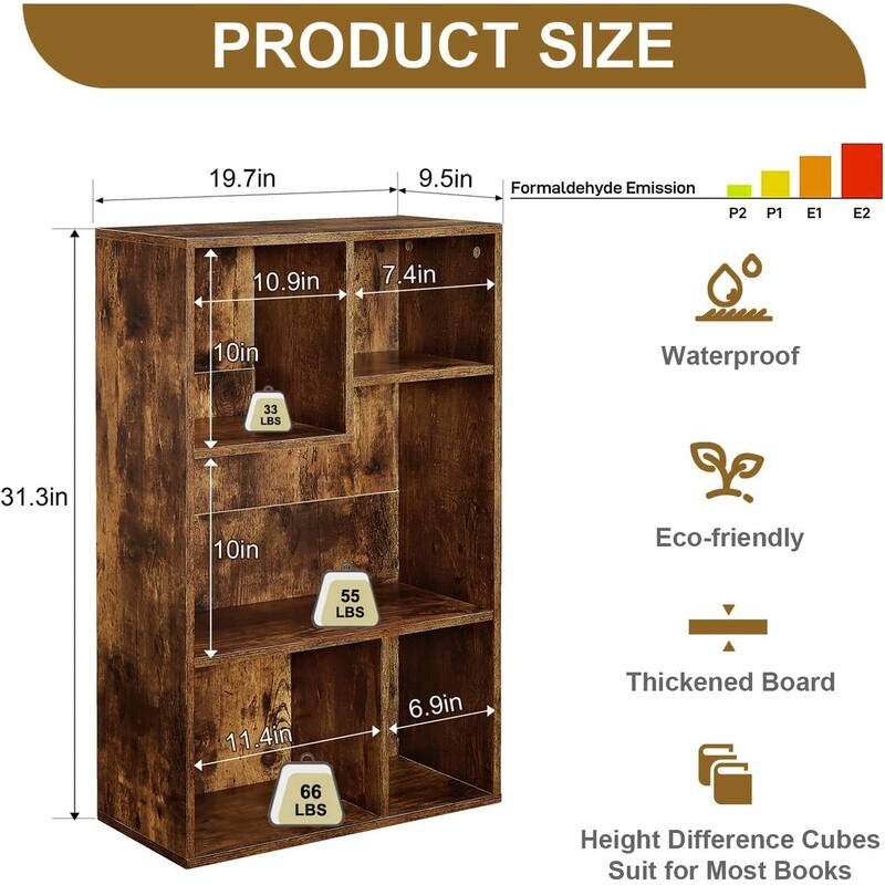 VECELO Widened Version, 3-Tier Five Open Cube Wooden Bookcase Organizer, Bookshelf, Book Storage