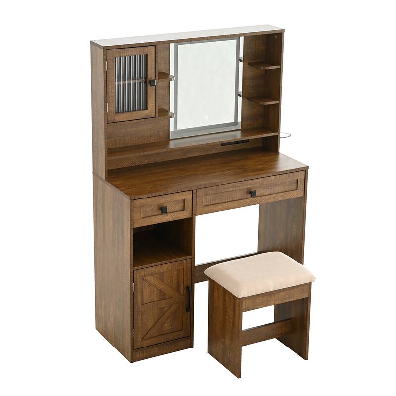 Vanity Desk with Touch Control Light Mirror, Dressing Table Set with Charging Station & Stool, Large Makeup Vanity Table