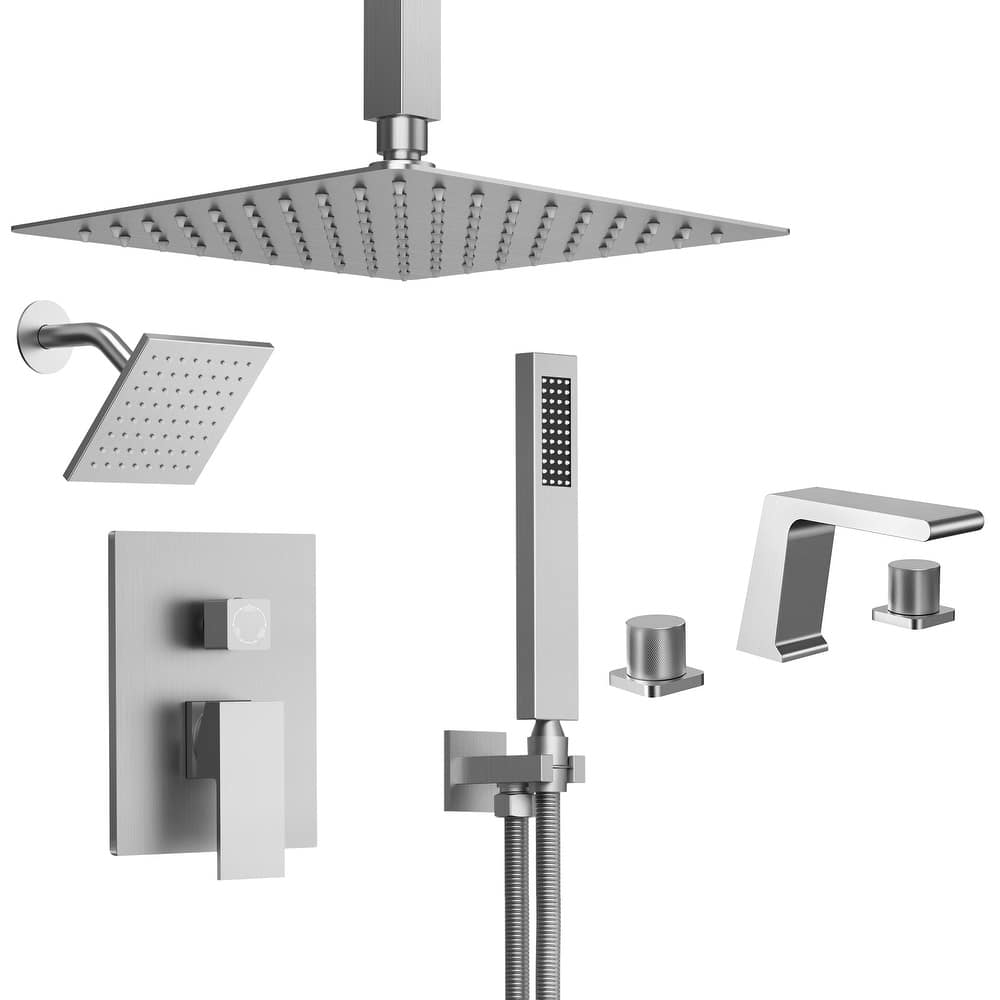 GRANDJOY 10" Dual Shower System with 2-Handle Waterfall Bathroom Sink Faucet Combo Set