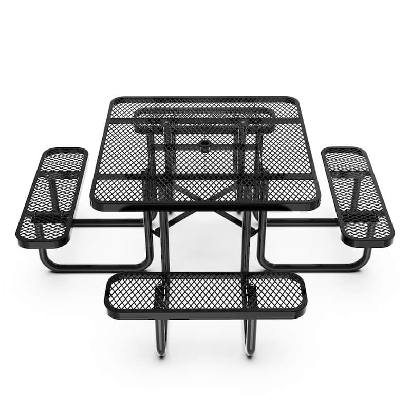 Commercial Grade Expanded Mesh Metal Outdoor Picnic Table with Anchors - 79.75"D x 79.75"W x 28.75"H