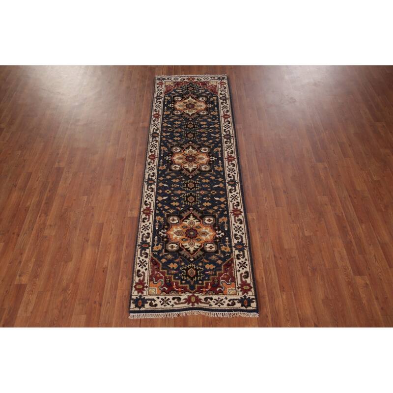 Blue Geometric Kazak Indian Runner Rug Handmade Oriental Wool Carpet - 2'8"x 8'2"