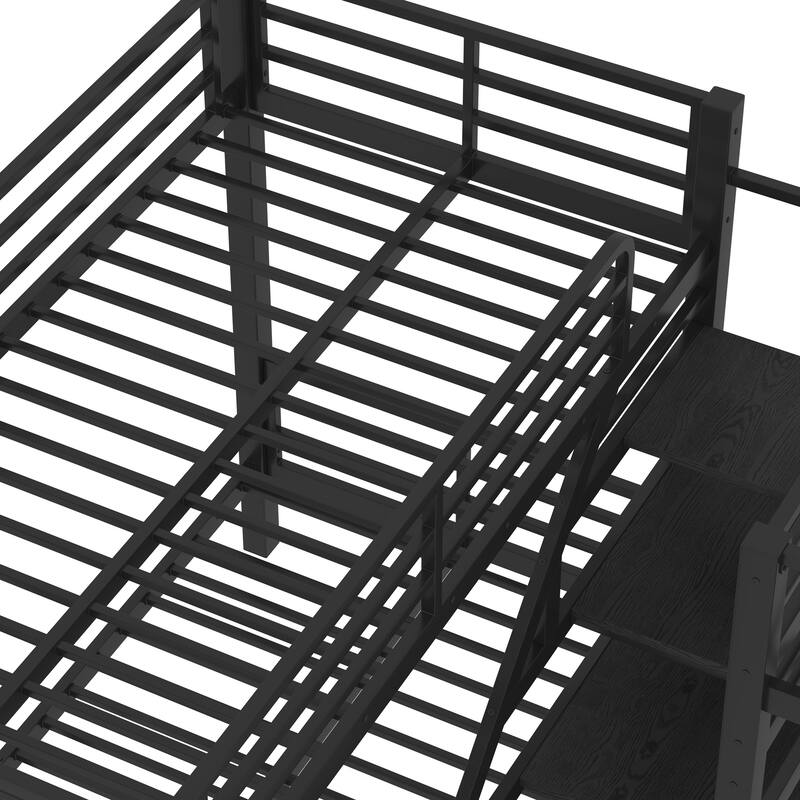 Twin L-Shaped Metal Bunk Bed with Storage Shelves & Safety Guardrail