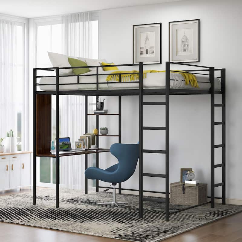 Full Size Metal Loft Bed with Shelves and Desk, Sturdy Steel Frame, Space-Saving Design - Black