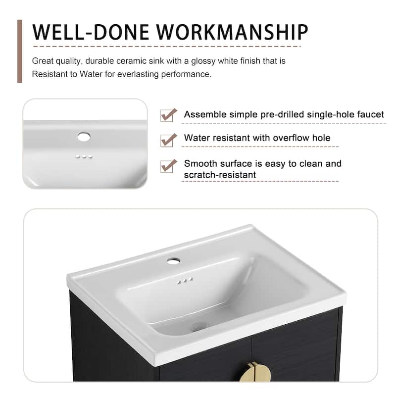 28 Inch Plywood Wall Mounted Bathroom Vanity Set in Black with Integrated Ceramic Basin