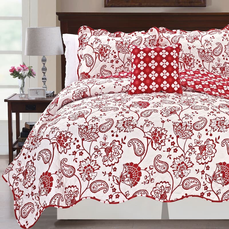 Printed Paisley Flower 4-piece Reversible Quilted Coverlet Set