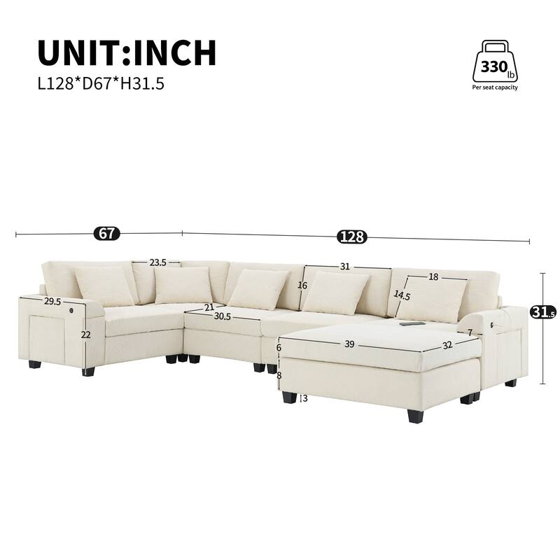 U Shaped Sectional Sofa with Ottoman, Chenille 6 Seater Sofa with Hidden Armrest Storage, Cup Holders & USB Charging Ports - Off White