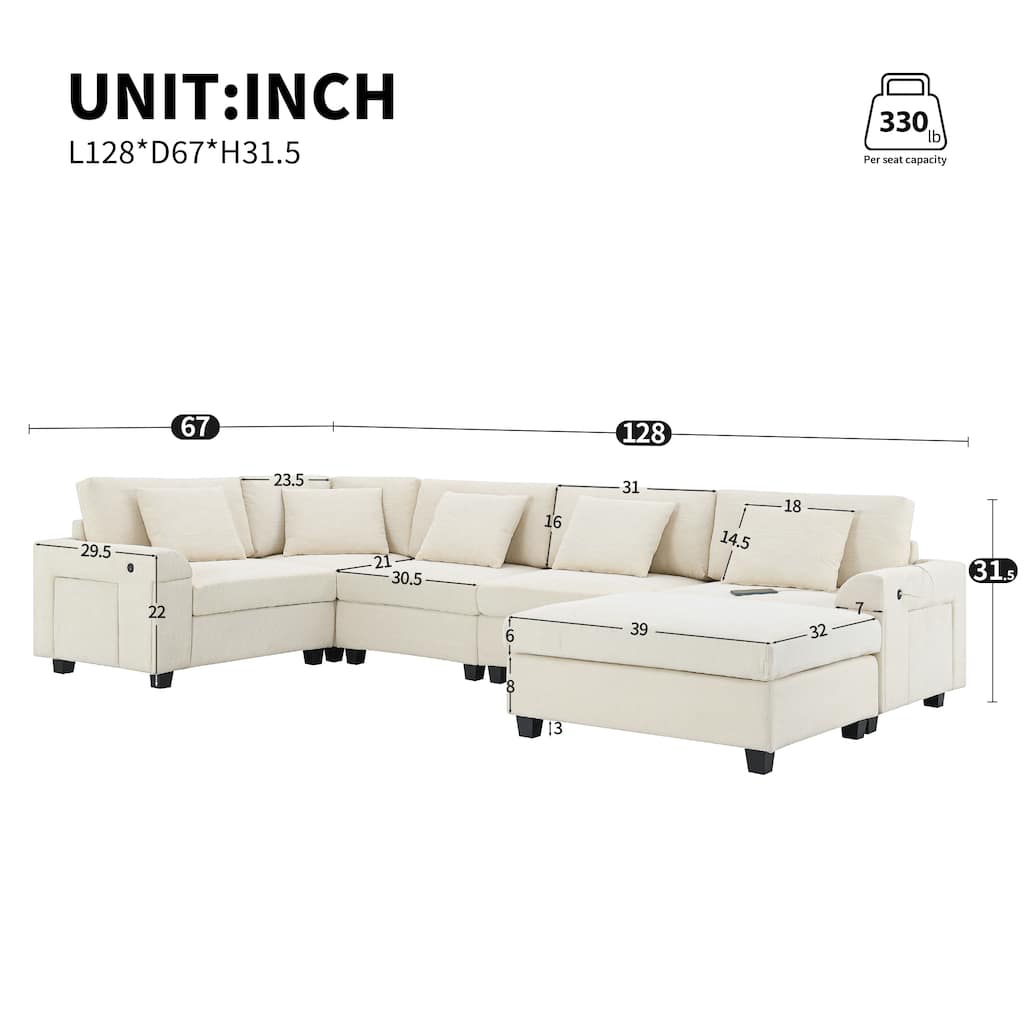 U Shaped Sectional Sofa with Ottoman, Chenille 6 Seater Sofa with Hidden Armrest Storage, Cup Holders & USB Charging Ports