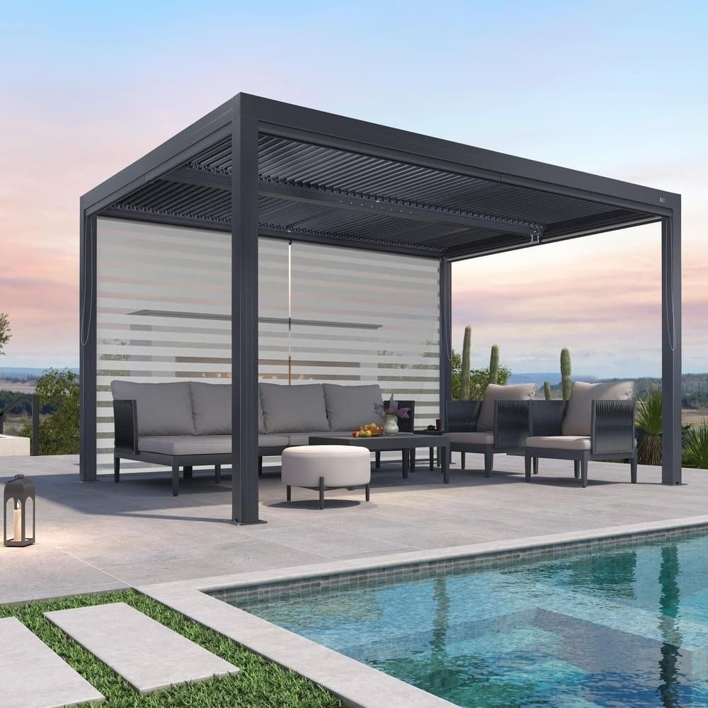 PURPLE LEAF Gray Louvered Pergola Outdoor Aluminum Pergola with Adjustable Roof for Patio Gray Hardtop Gazebo