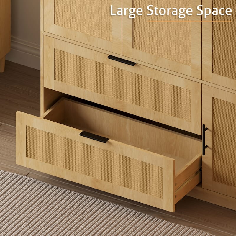 47"W Family 4-Door Wardrobe Armoires Closet 2 Drawer Storage Rattan Style - N/A