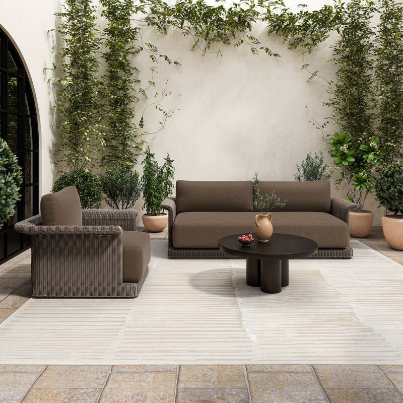 NADAAL STUDIOS Renric Outdoor Coffee Table, Round Cast Aluminum with Grooved Legs, Black Finish