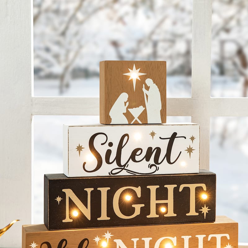Glitzhome 12"H Lighted Wooden Nativity Block Word Sign - Multi