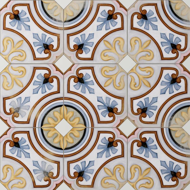 Merola Tile Vaudeville Octagon Deco Diglas with Taco Nacar 7-7/8" x 7-7/8" Porcelain Floor and Wall Tile