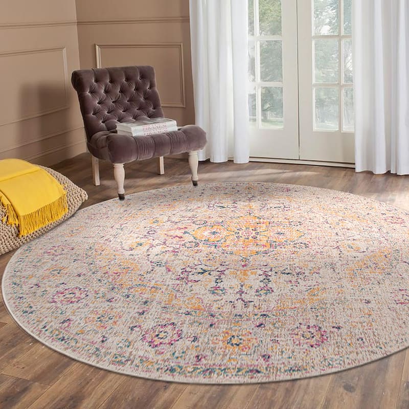 Ethereal Jayla Vintage Oriental Area Rug - 6'7" x 6'7"R - Ivory/Yellow