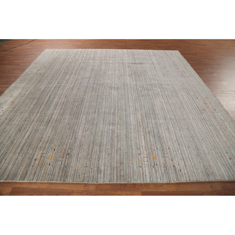 Striped Gabbeh Square Area Rug Handmade Beige Wool Carpet - 9'8"x 9'7"