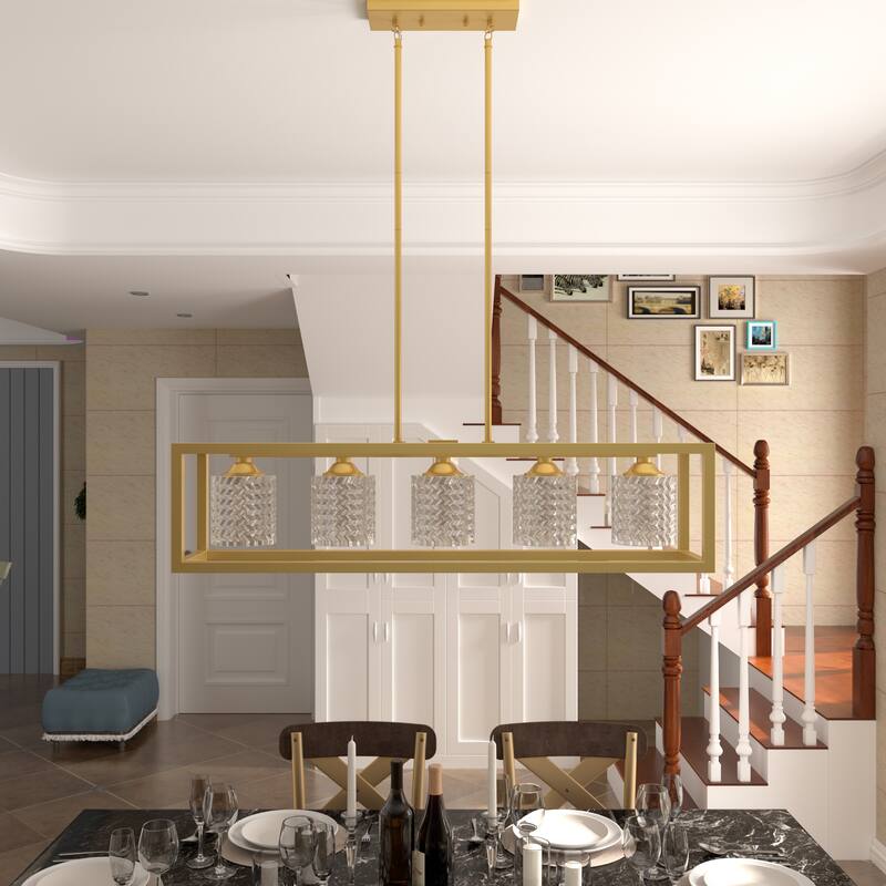 37in Mid-century Modern 5-light Crystal Rectangle Chandelier for Dining Room - 37 inches - Satin Gold