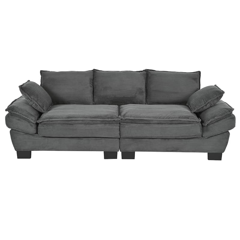 Corduroy Fabric Small Sofa, Upholstered Curved Sofa with 2 Throw Pillows, Deep Seat Sofa with Armrests & Cushions