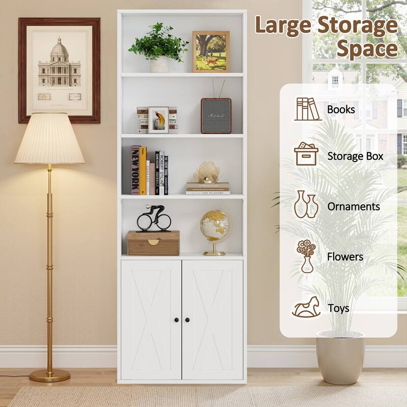 6-Tier Wood Bookcase, Storage Bookshelf with Doors