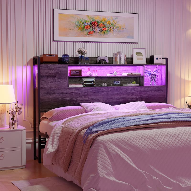 Storage Headboards with Power Outlet and LED Light, Head board with Storage Shelves for Bed Frame