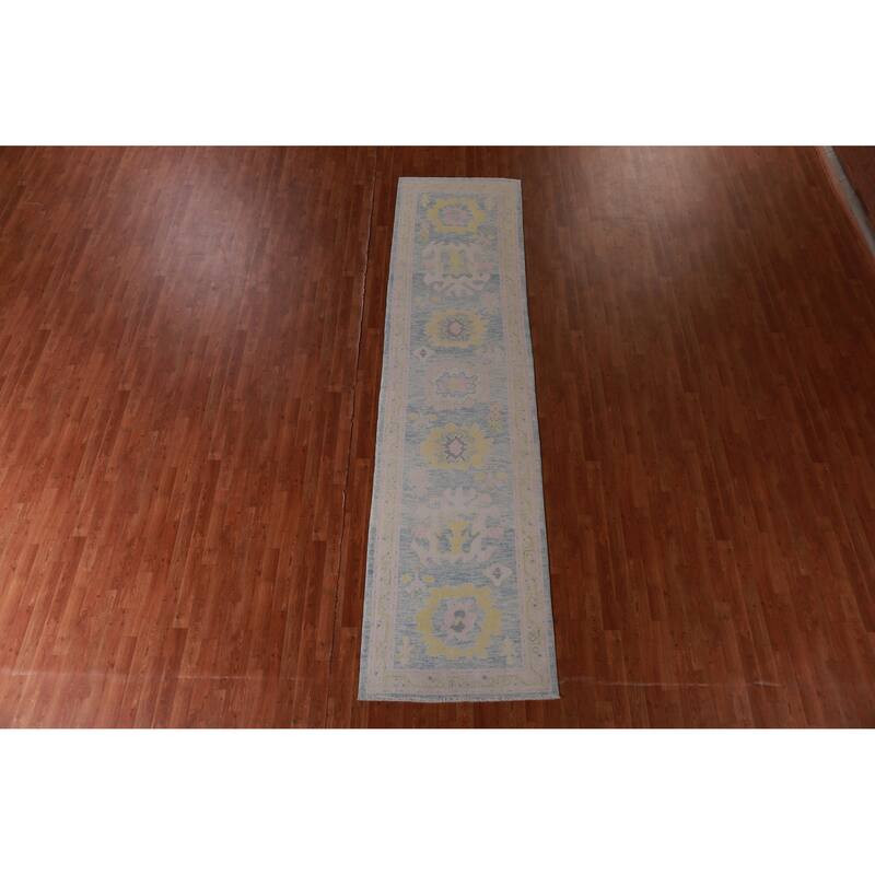 Hand Knotted Oriental 100% Wool Carpet Transitional Floral Navy Blue & Blues Oushak Runner Rug - 12' 9'' X 3' 2''