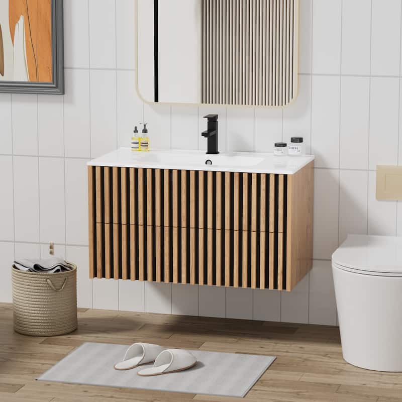 Wall Mounted Bathroom Vanity Set Mid-Century Storage Cabinet with Ceramic Sink