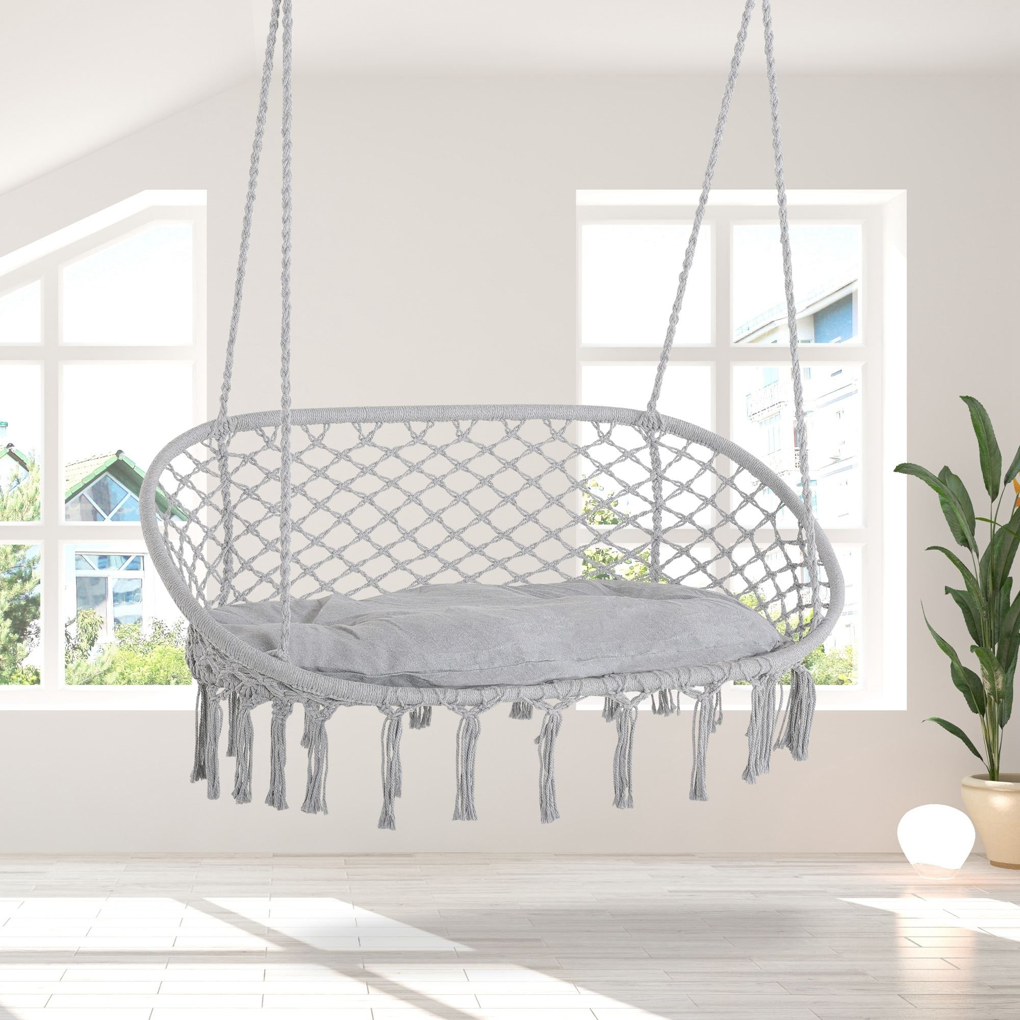 Outsunny Outdoor Hanging Hammock Porch Swing Chair with Cotton Rope Netting, Steel Frame, & Built-In Armrests