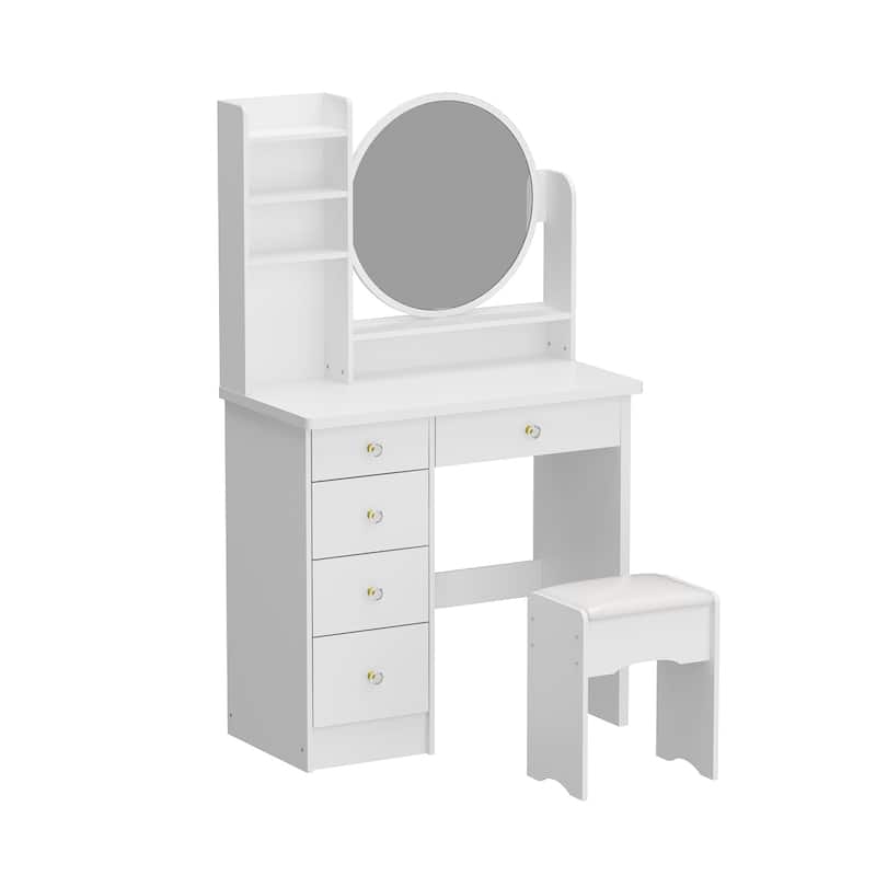 Timechee Makeup Vanity Set with Round Mirror, Drawers & Shelves - White - 31.5''L x 15.7''W x 52''H