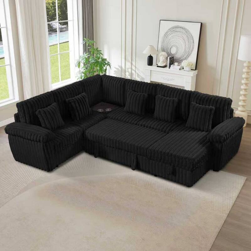 110" U-shaped Corduroy Sectional Sofa, Corner Coffee Table with USB port, Pull-out Bed