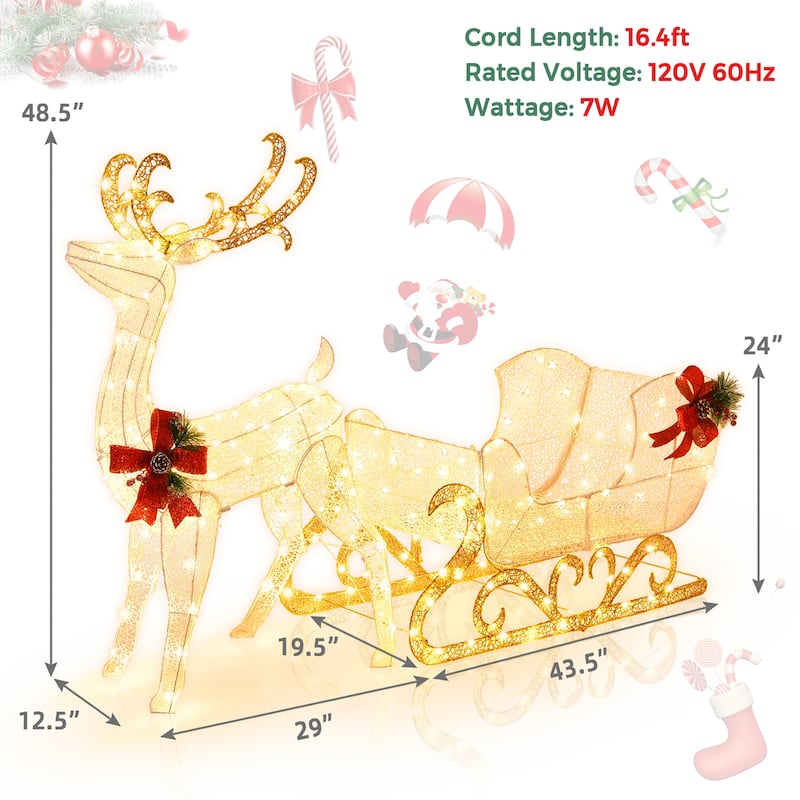Costway Lighted Christmas Reindeer and Sleigh with 215 White LED - See Details