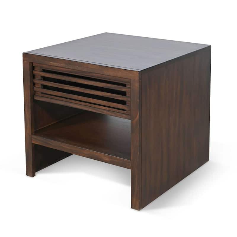 Nero Side End Table, Slatted Drawer, 26 Inch Solid Wood Dark Brown