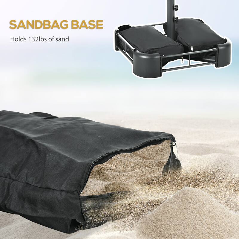 Outsunny Double-sided Patio Umbrella with Solar Lights and Sandbag Base, Outdoor Table Umbrella with Push Button Tilt, Crank