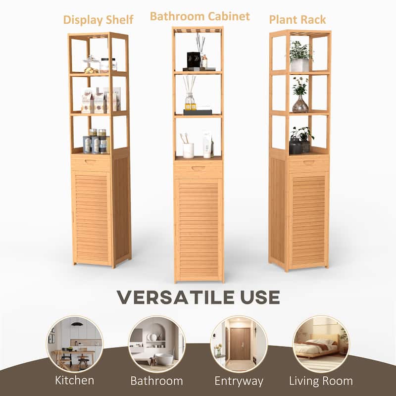 kleankin Tall Bathroom Cabinet with Drawer and Slatted Shelves, Slim Bamboo Linen Tower with Louvered Door